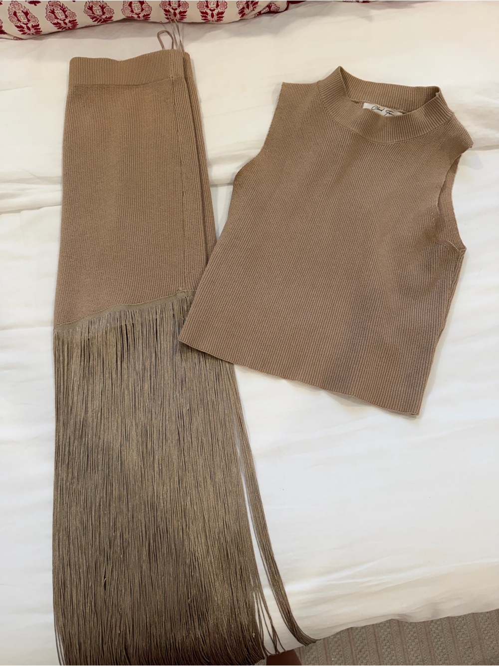 Cloud Ten Tan Fringe Top and Skirt Set